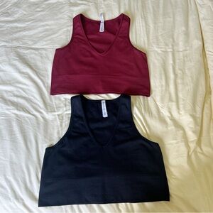 Athleta V-Neck Ribbed Workout Cropped Tops - Black and Burgundy